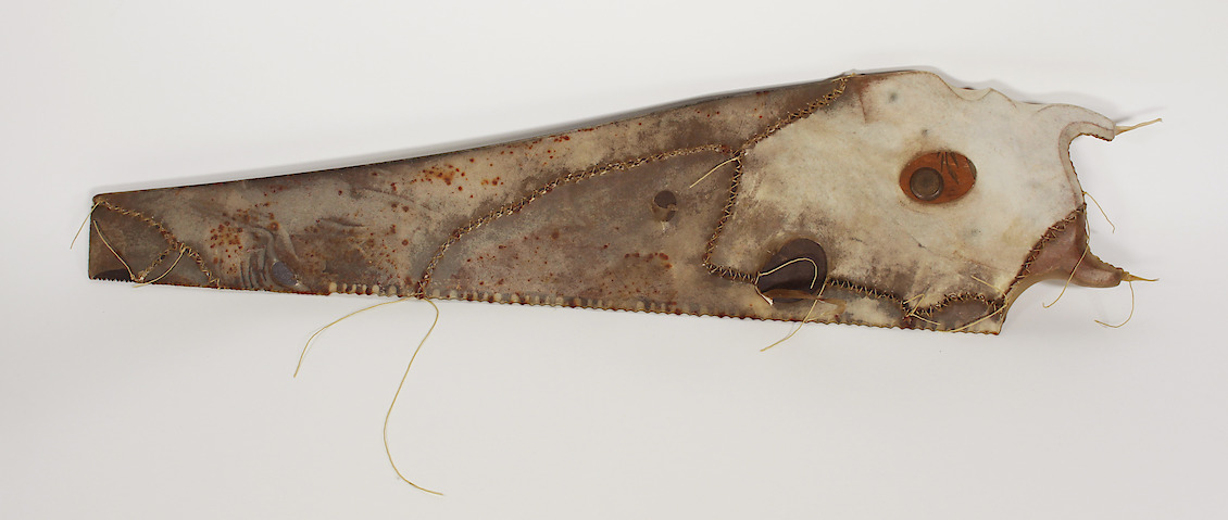 Trapped, 2016, saw, rawhide, thread, 31 x 8x1 in